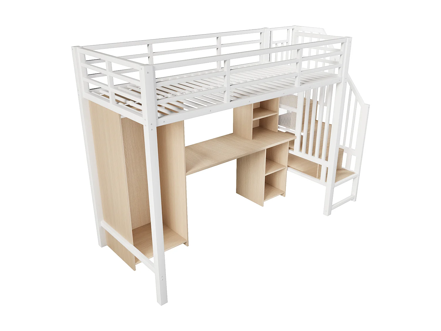 Lit mezzanine 90 x 200 cm avec rangements, armoire et bureau - Structure en fer - Blanc et bois clair