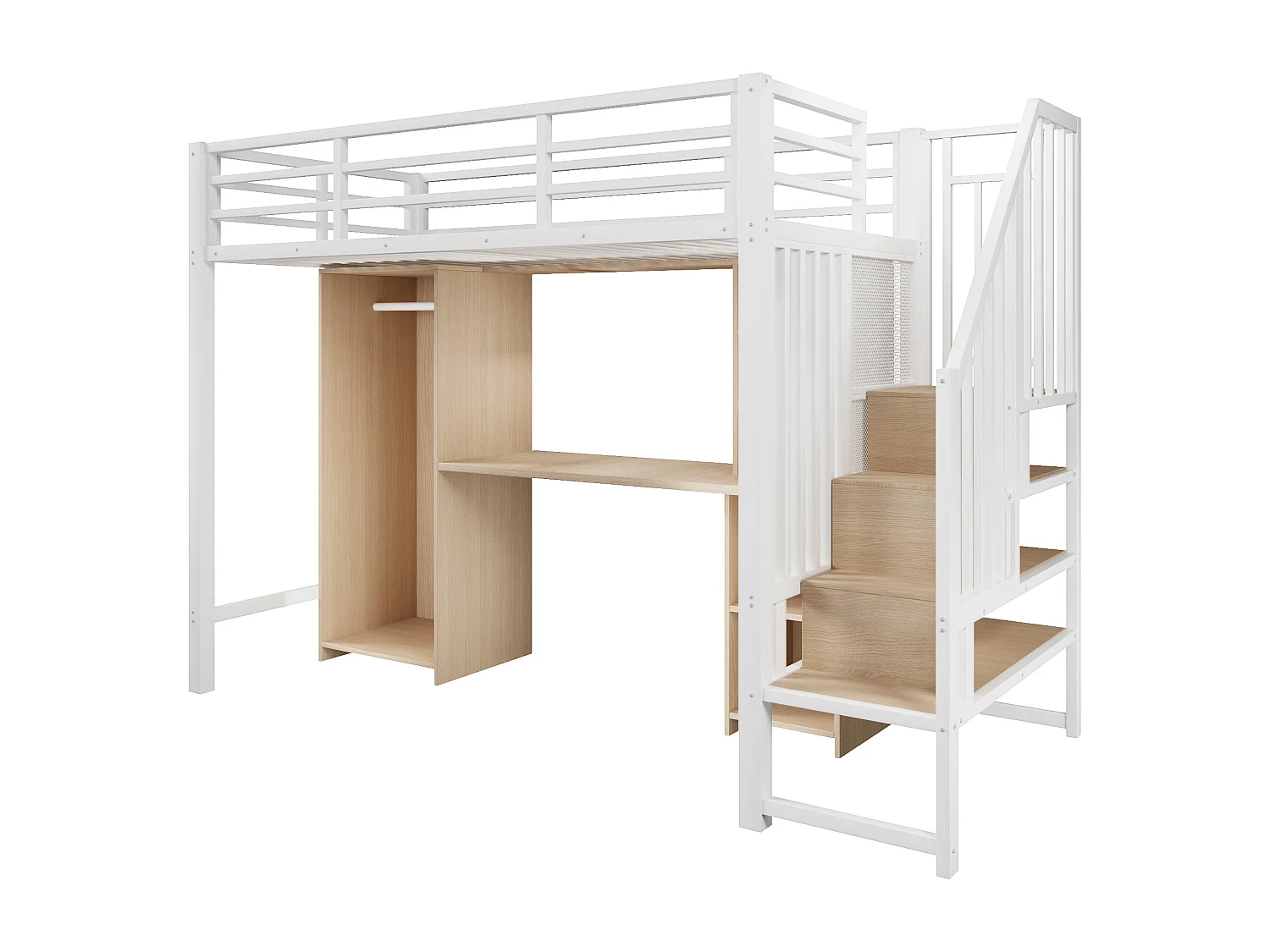 Lit mezzanine 90 x 200 cm avec rangements, armoire et bureau - Structure en fer - Blanc et bois clair