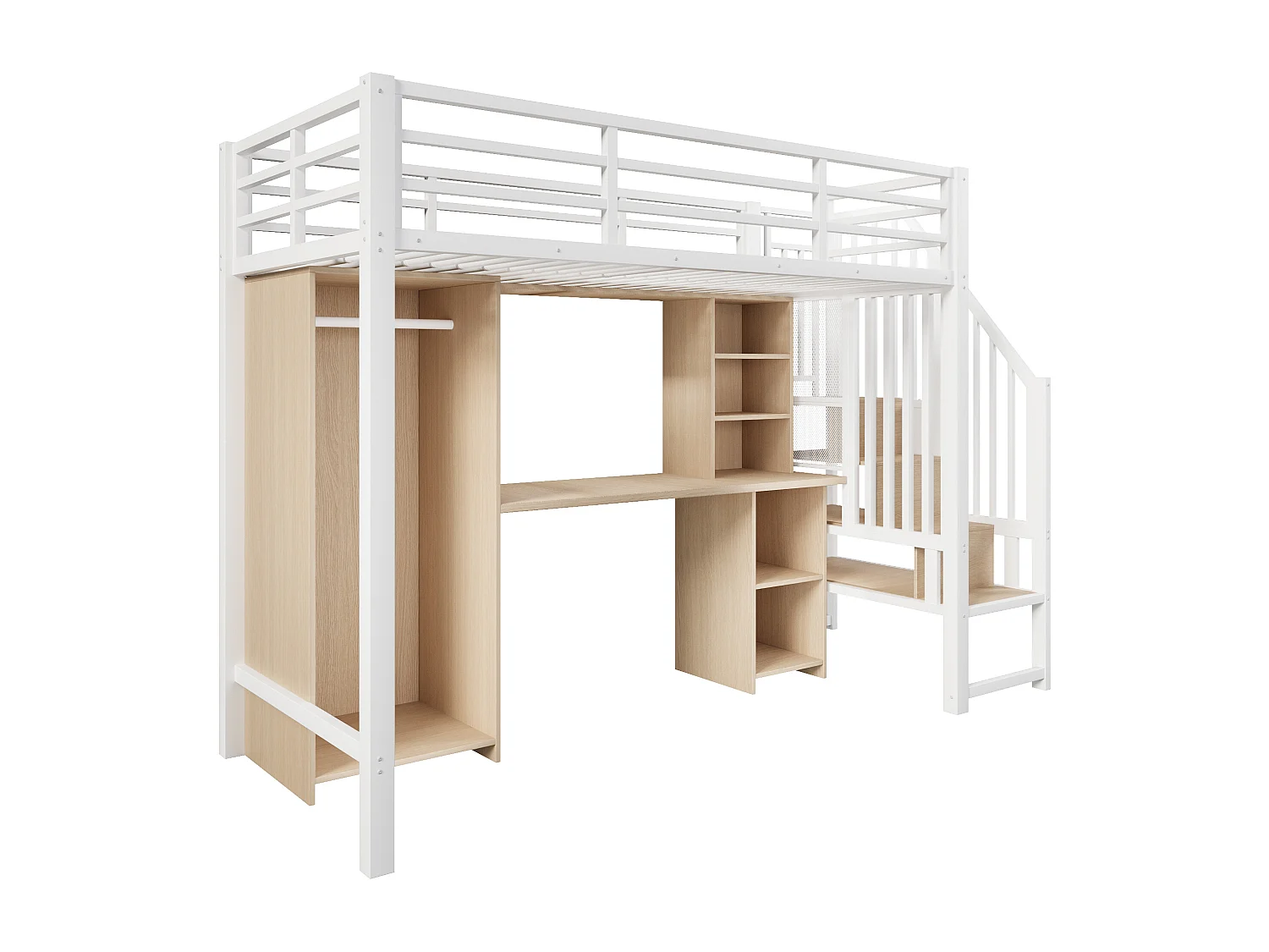 Lit mezzanine 90 x 200 cm avec rangements, armoire et bureau - Structure en fer - Blanc et bois clair