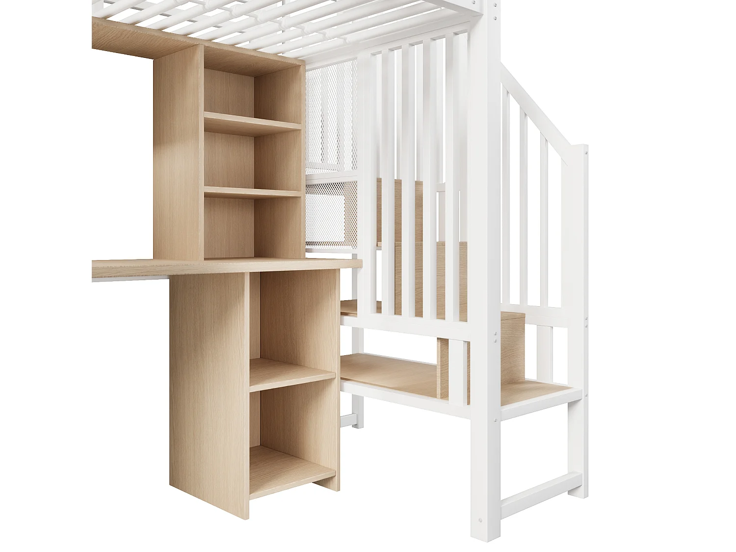 Lit mezzanine 90 x 200 cm avec rangements, armoire et bureau - Structure en fer - Blanc et bois clair