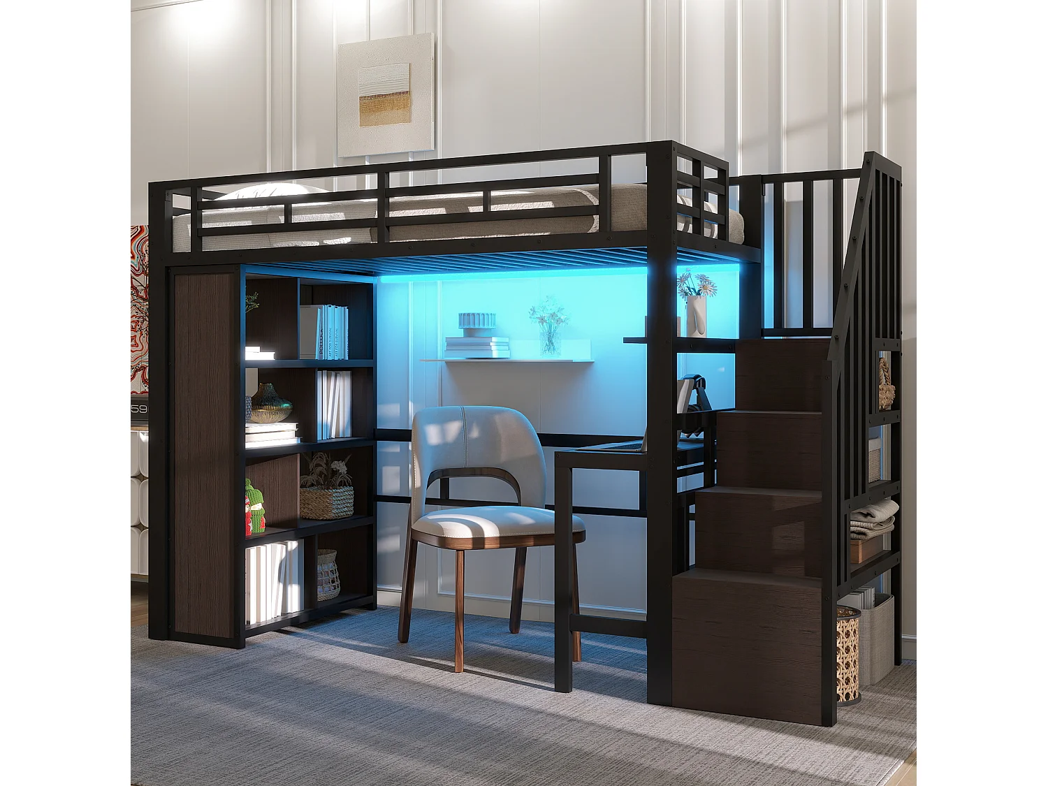 Lit mezzanine 90 x 200 cm avec bureau, compartiment de rangement et LED - Métal et bois - Noir