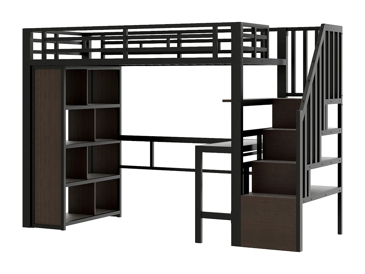 Lit mezzanine 90 x 200 cm avec bureau, compartiment de rangement et LED - Métal et bois - Noir