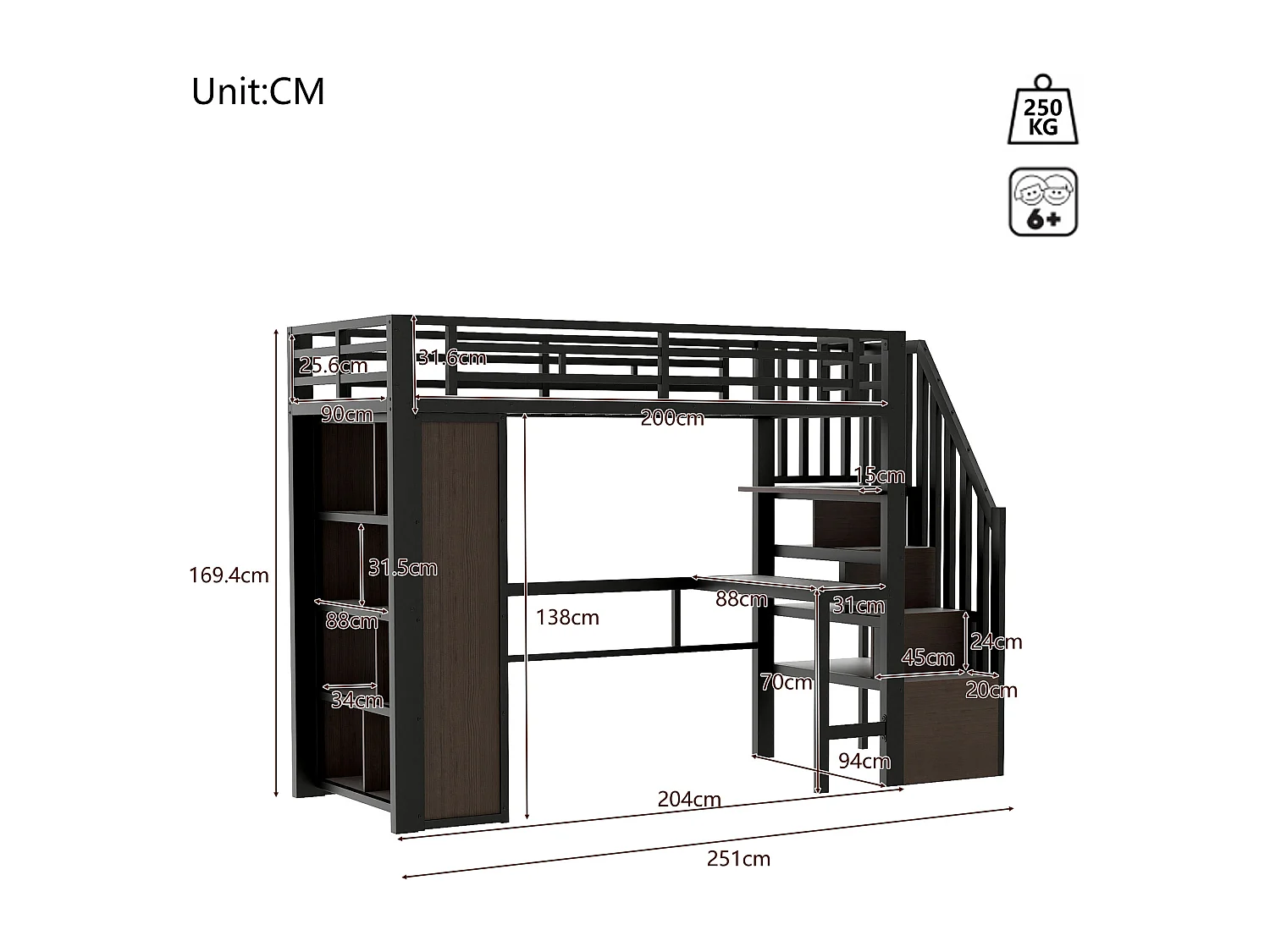 Lit mezzanine 90 x 200 cm avec bureau, compartiment de rangement et LED - Métal et bois - Noir