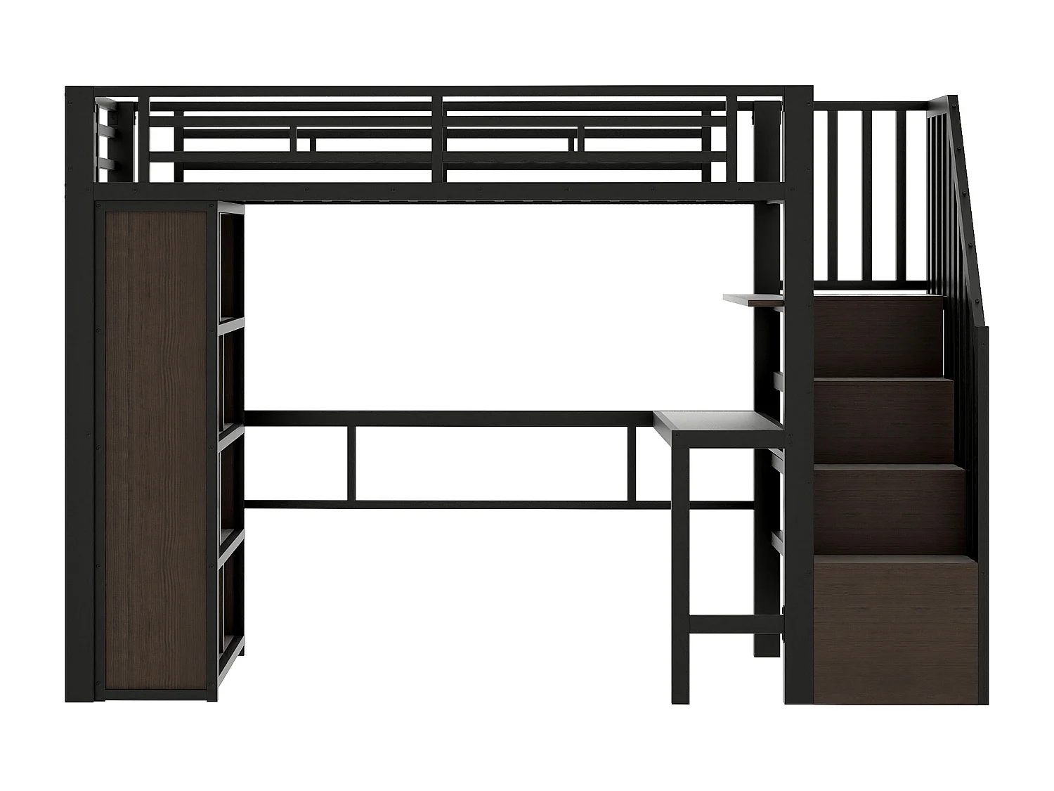 Lit mezzanine 90 x 200 cm avec bureau, compartiment de rangement et LED - Métal et bois - Noir