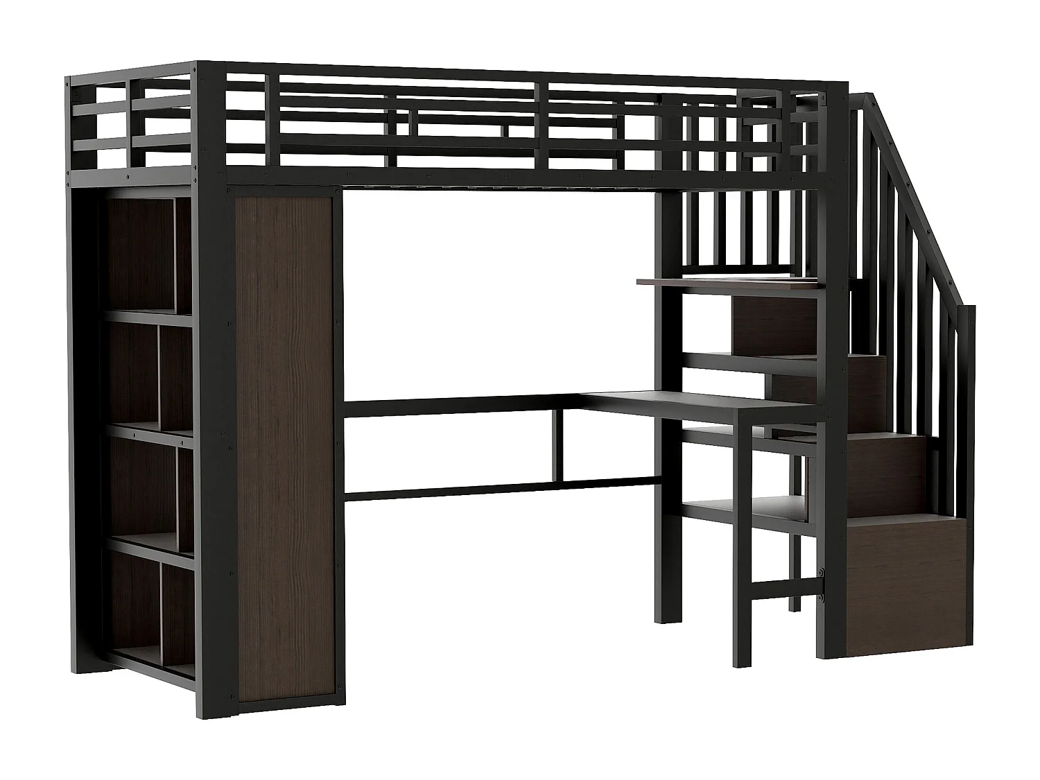 Lit mezzanine 90 x 200 cm avec bureau, compartiment de rangement et LED - Métal et bois - Noir