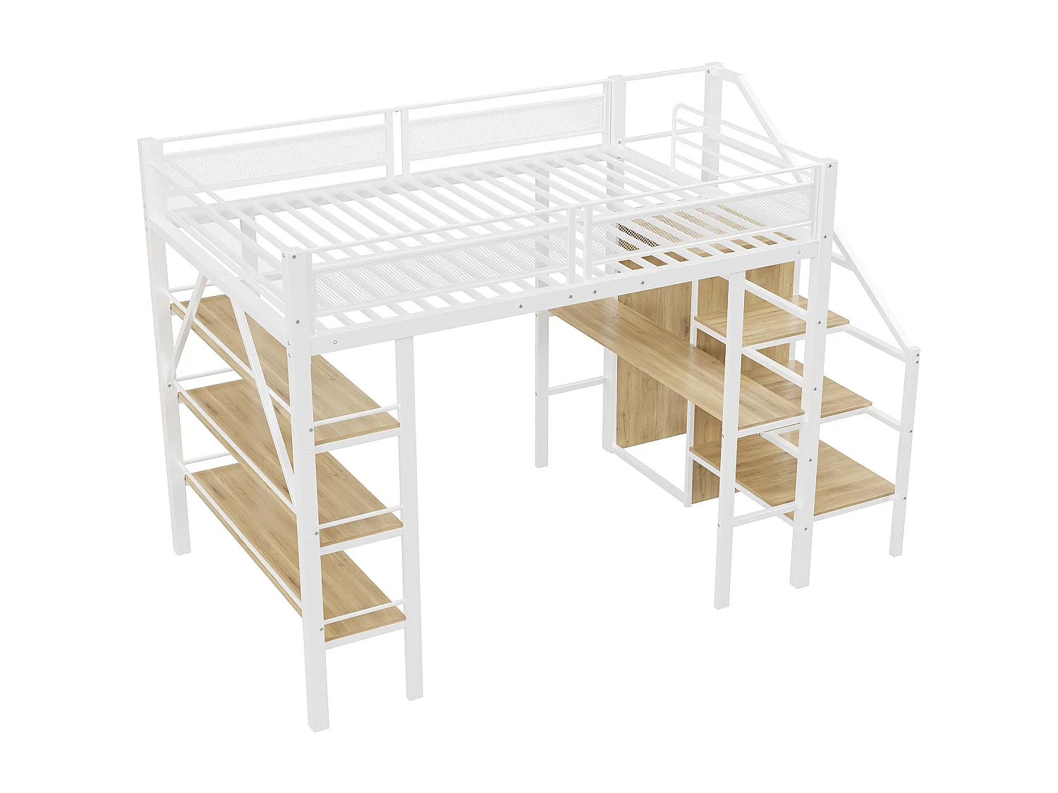 Lit mezzanine 140x200 cm avec bureau, LED et prise USB - Métal blanc