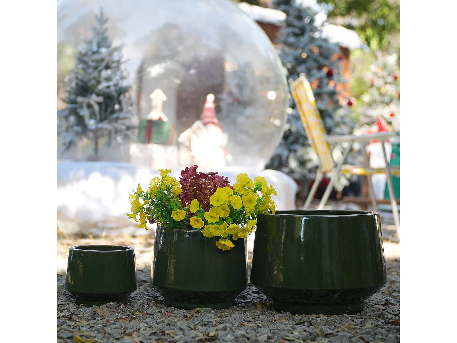 Set de 3 pots de fleurs ronds en céramique (Ø 38,1/28/22 cm), vert foncé