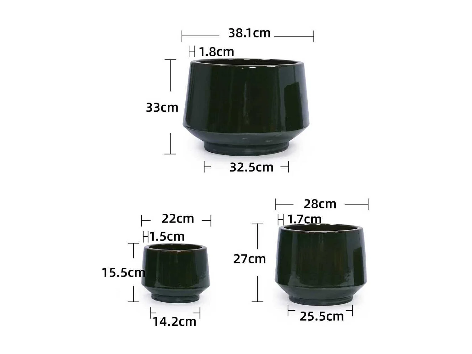 Set de 3 pots de fleurs ronds en céramique (Ø 38,1/28/22 cm), vert foncé