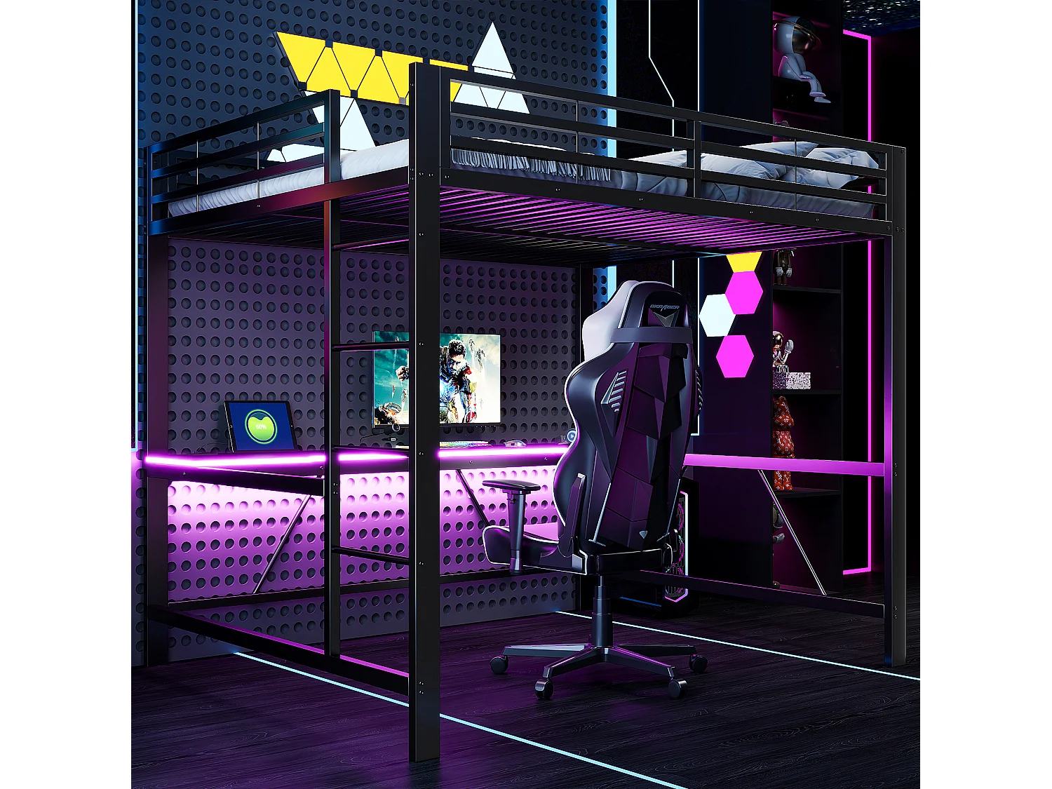 Lit mezzanine LED 160x200 cm avec bureau et port de charge, métal noir