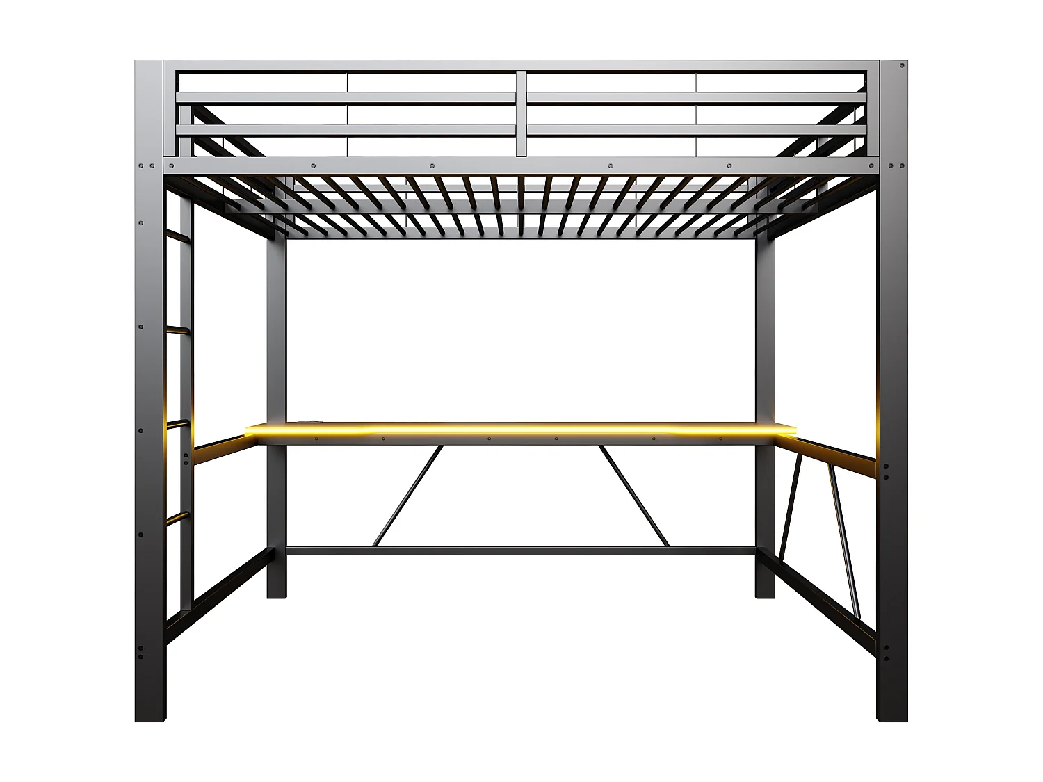 Lit mezzanine LED 160x200 cm avec bureau et port de charge, métal noir