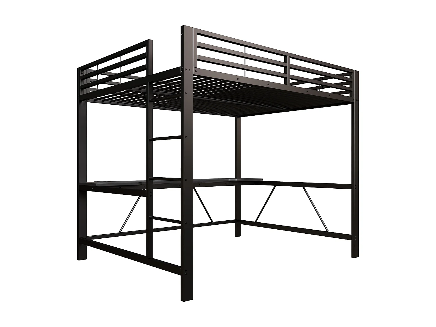 Lit mezzanine LED 160x200 cm avec bureau et port de charge, métal noir