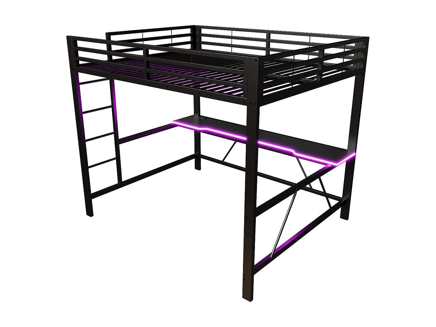 Lit mezzanine LED 160x200 cm avec bureau et port de charge, métal noir