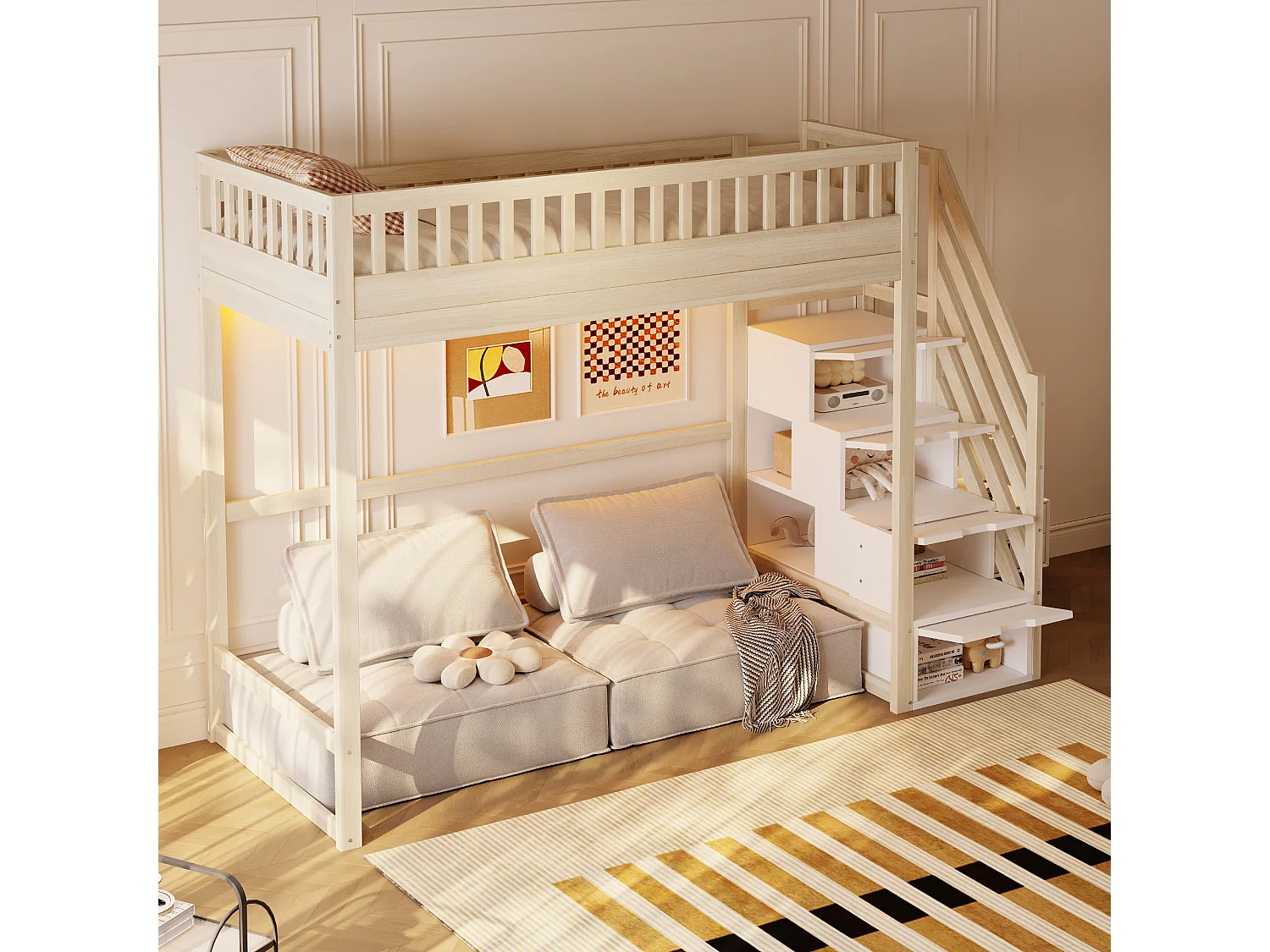 Lit mezzanine 90x200cm avec LED et rangement - Couleur bois et blanc