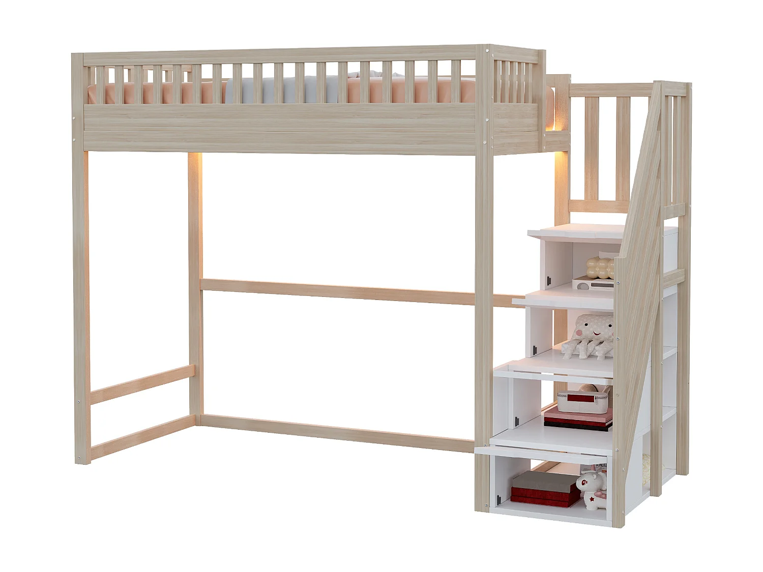 Lit mezzanine 90x200cm avec LED et rangement - Couleur bois et blanc