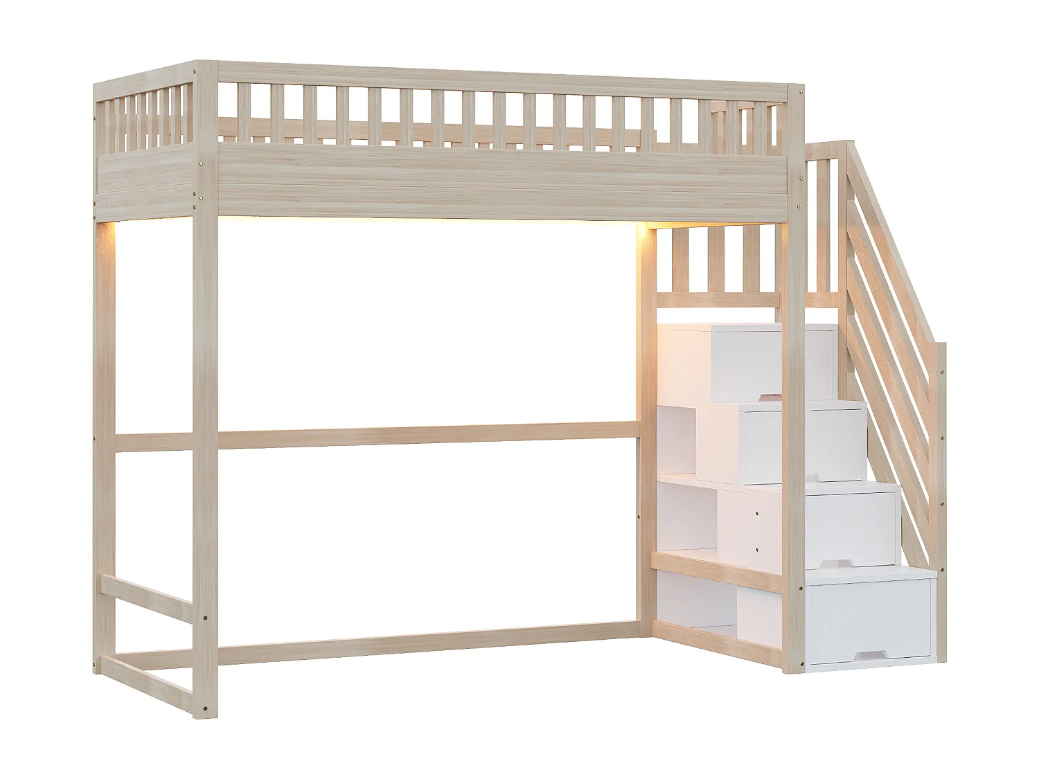 Lit mezzanine 90x200cm avec LED et rangement - Couleur bois et blanc