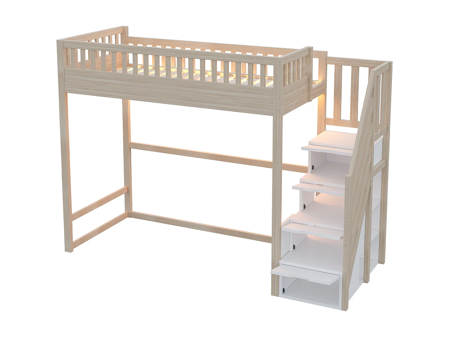 Lit mezzanine 90x200cm avec LED et rangement - Couleur bois et blanc