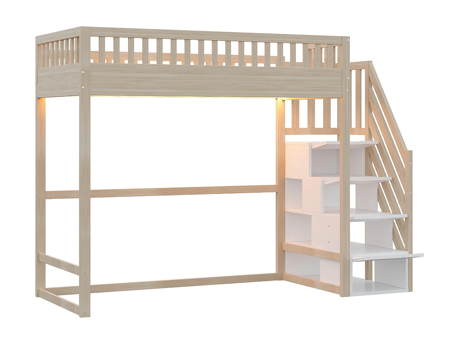 Lit mezzanine 90x200cm avec LED et rangement - Couleur bois et blanc