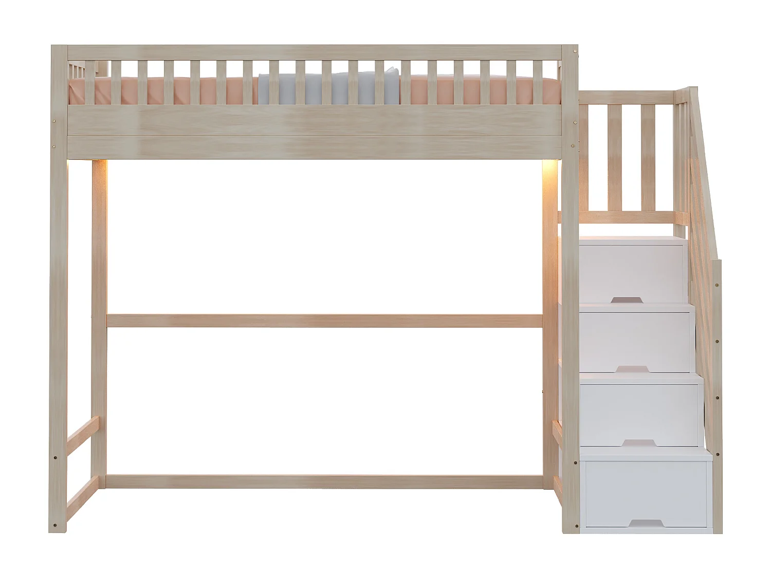Lit mezzanine 90x200cm avec LED et rangement - Couleur bois et blanc