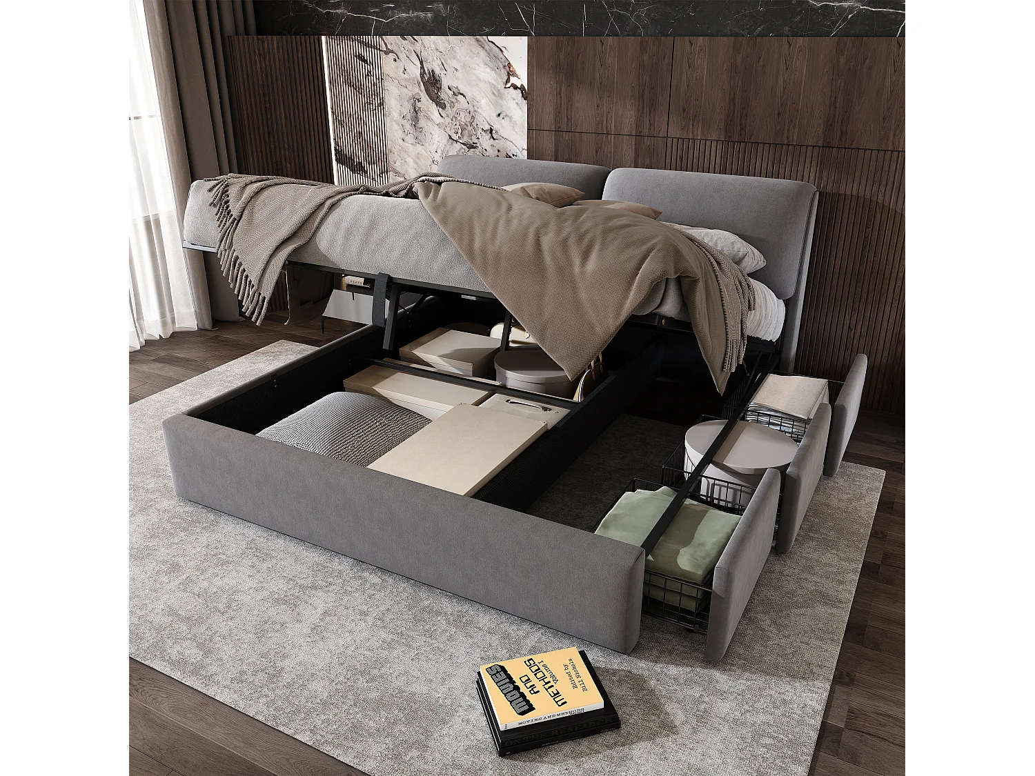 Lit double coffre 160 x 200 cm avec 3 tiroirs - Lit adulte en velours beige