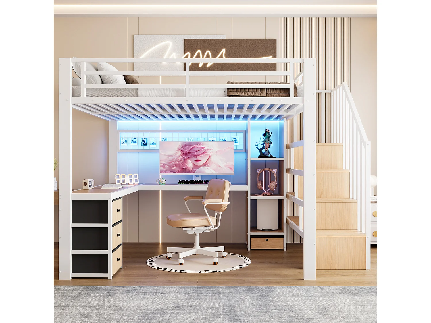 Lit mezzanine 140 x 200 cm avec 4 tiroirs , bureau et LED - Métal blanc