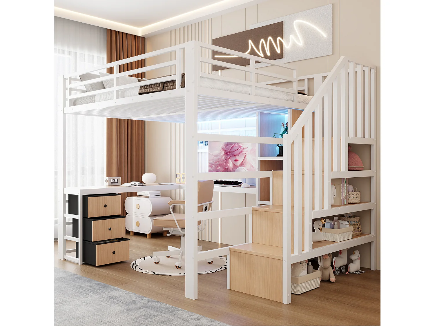 Lit mezzanine 140 x 200 cm avec 4 tiroirs , bureau et LED - Métal blanc