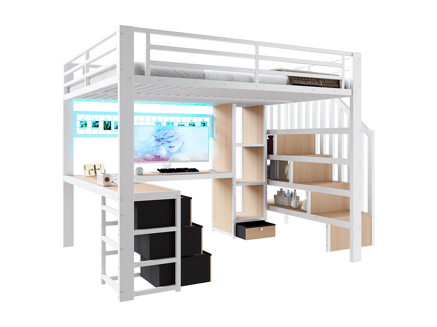 Lit mezzanine 140 x 200 cm avec 4 tiroirs , bureau et LED - Métal blanc