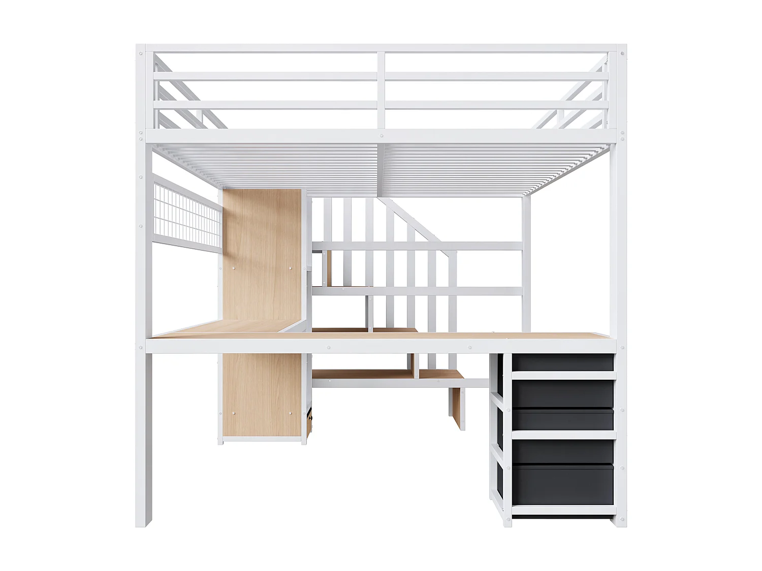 Lit mezzanine 140 x 200 cm avec 4 tiroirs , bureau et LED - Métal blanc