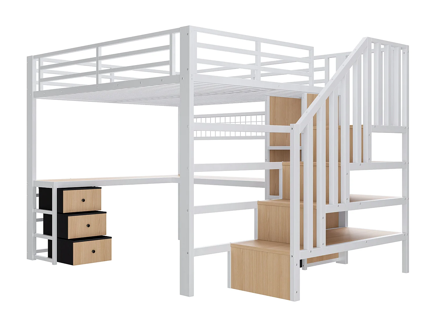 Lit mezzanine 140 x 200 cm avec 4 tiroirs , bureau et LED - Métal blanc