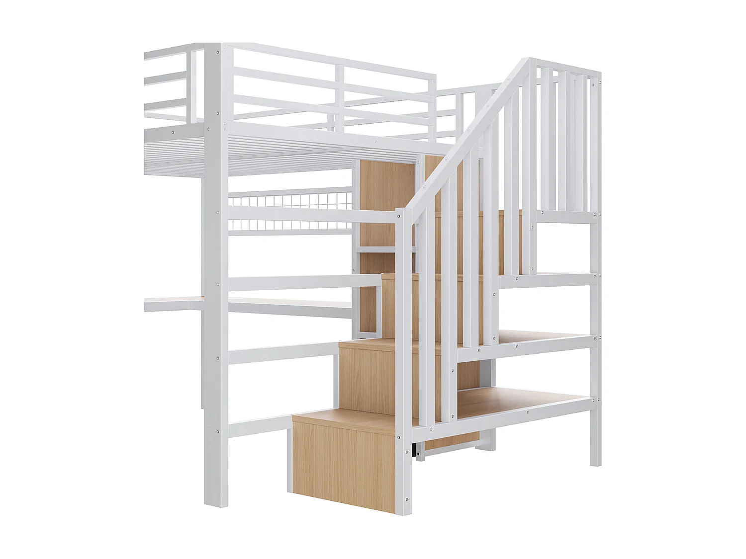 Lit mezzanine 140 x 200 cm avec 4 tiroirs , bureau et LED - Métal blanc