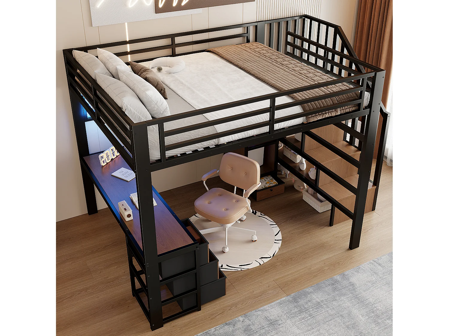 Lit mezzanine 140 x 200 cm avec 4 tiroirs , bureau et LED - Métal noir