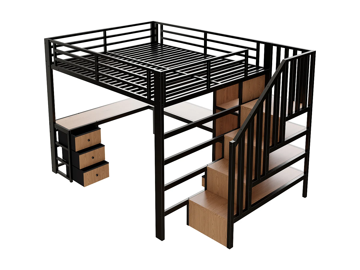 Lit mezzanine 140 x 200 cm avec 4 tiroirs , bureau et LED - Métal noir