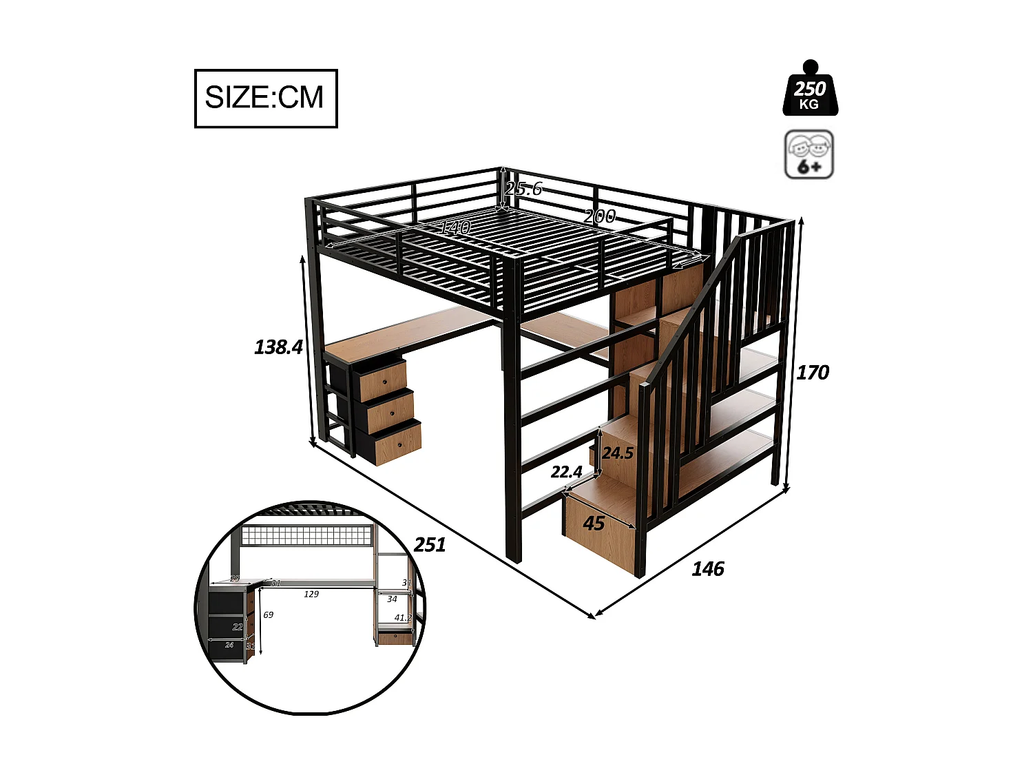Lit mezzanine 140 x 200 cm avec 4 tiroirs , bureau et LED - Métal noir