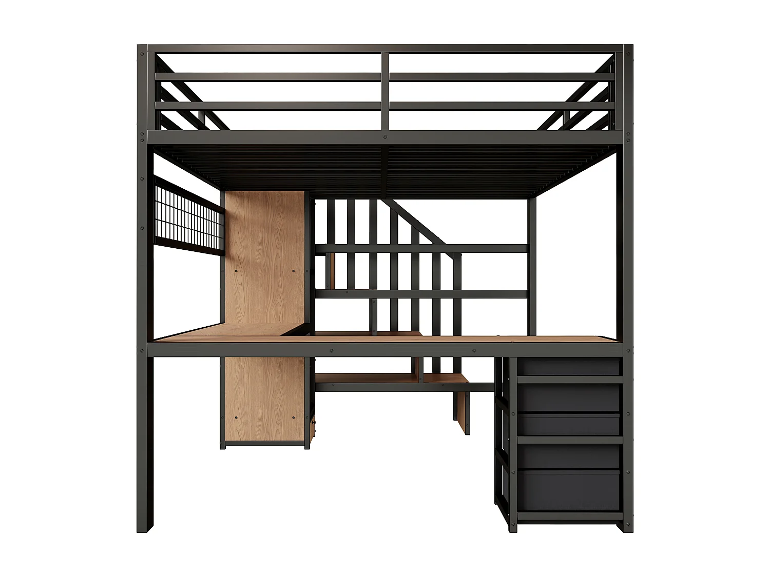 Lit mezzanine 140 x 200 cm avec 4 tiroirs , bureau et LED - Métal noir