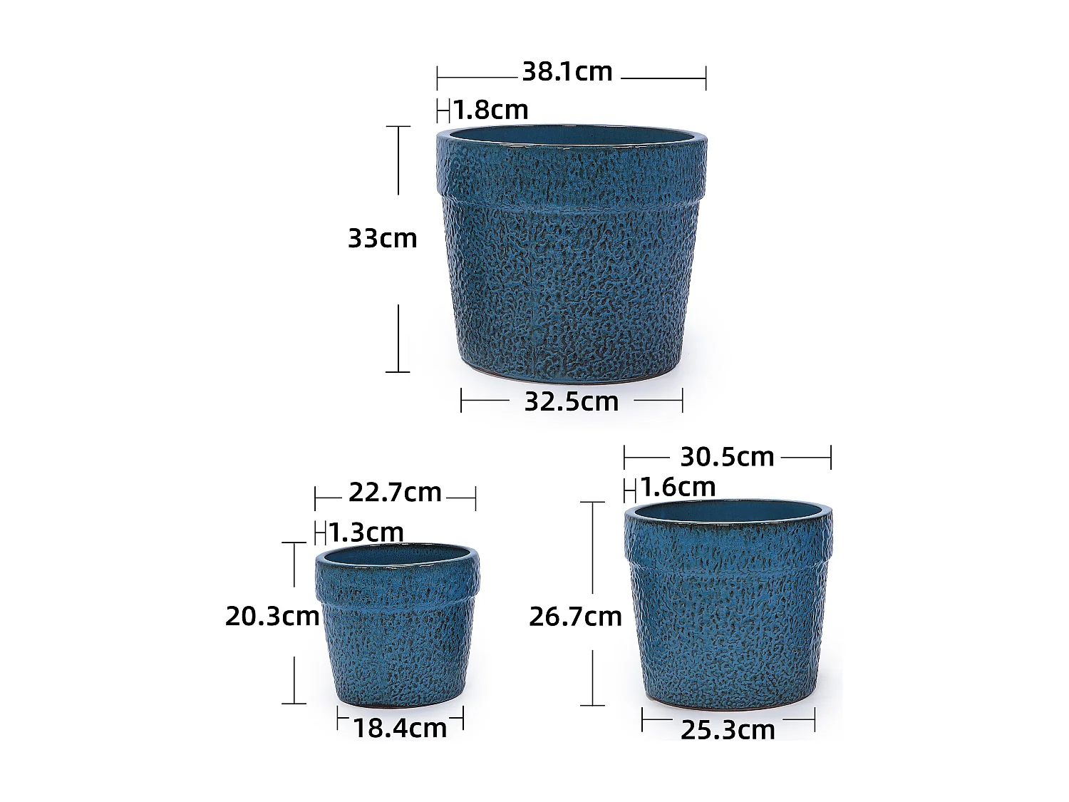 Set van 3 antieke blauwe keramische bloempotten Ø 38,1/30,5/22,7 cm