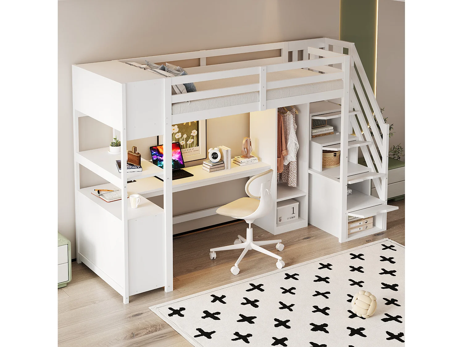 Hoogslaper 90 x 200 cm met kledingkast, bureau en stopcontacten - Gemaakt van MDF en wit grenenhout