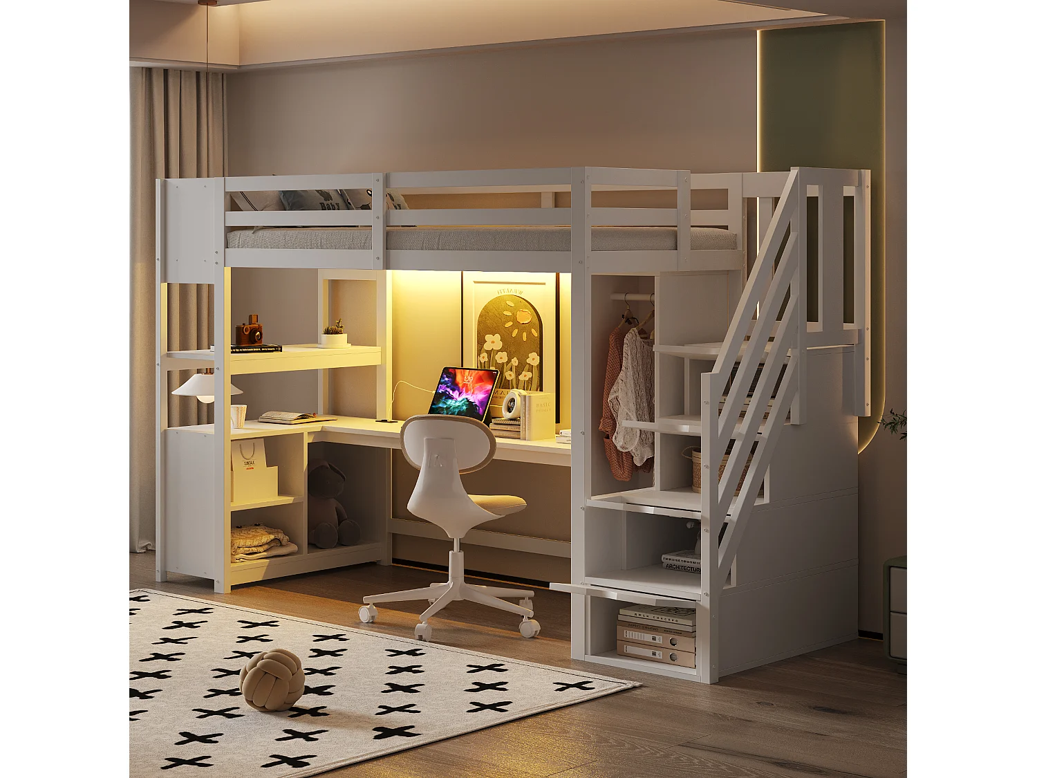 Hoogslaper 90 x 200 cm met kledingkast, bureau en stopcontacten - Gemaakt van MDF en wit grenenhout