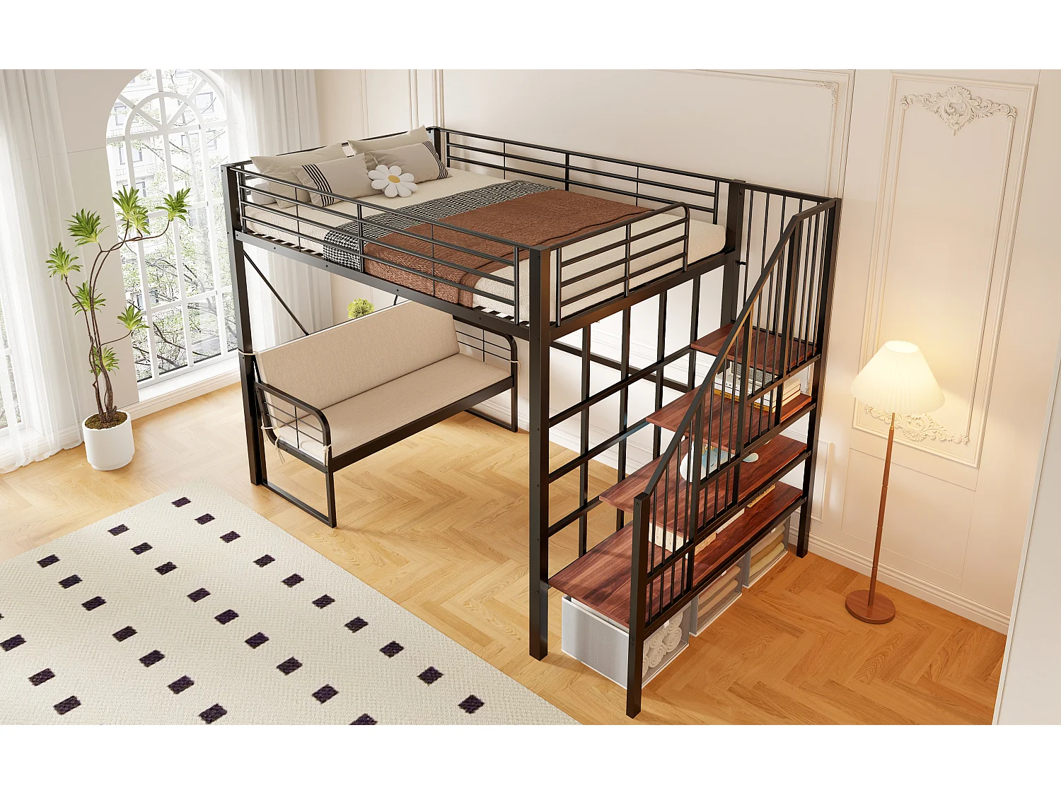 Lit mezzanine enfant 140x200 cm en métal avec canapé et rangement - Noir