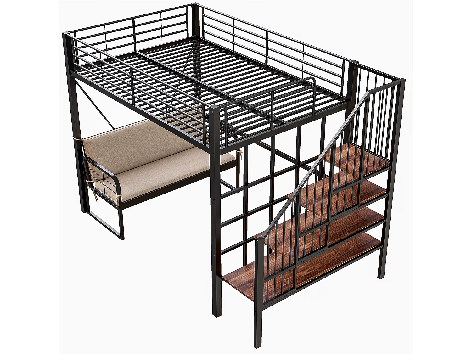 Lit mezzanine enfant 140x200 cm en métal avec canapé et rangement - Noir