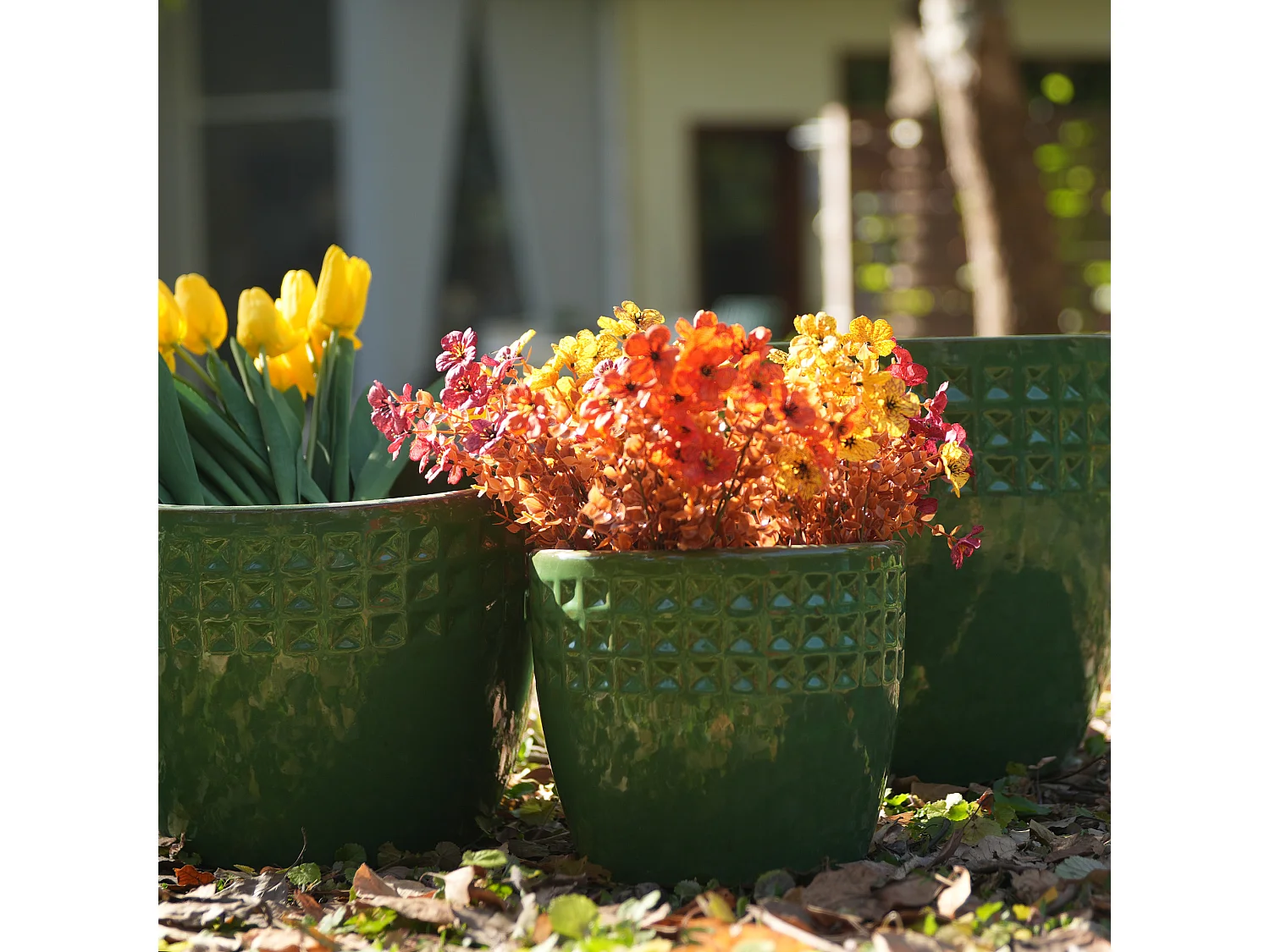 Set van 3 antieke groene keramische bloempotten Ø 38/30,5/23 cm met drainagegat