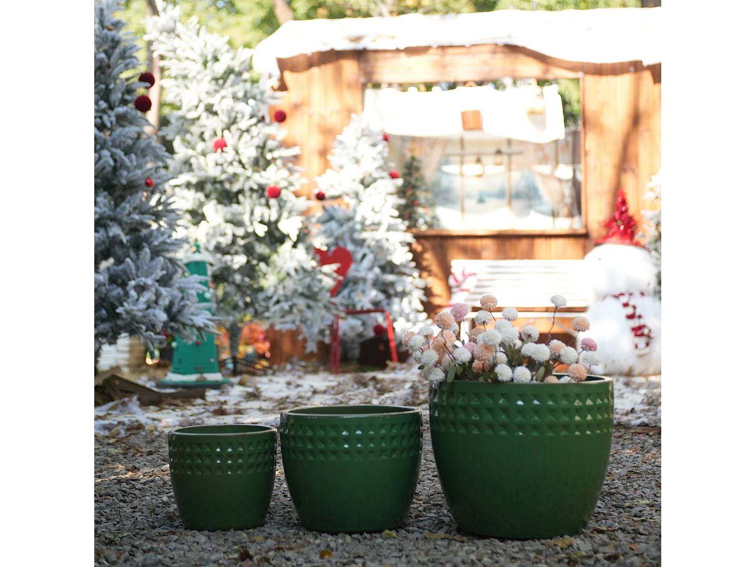 Set van 3 antieke groene keramische bloempotten Ø 38/30,5/23 cm met drainagegat