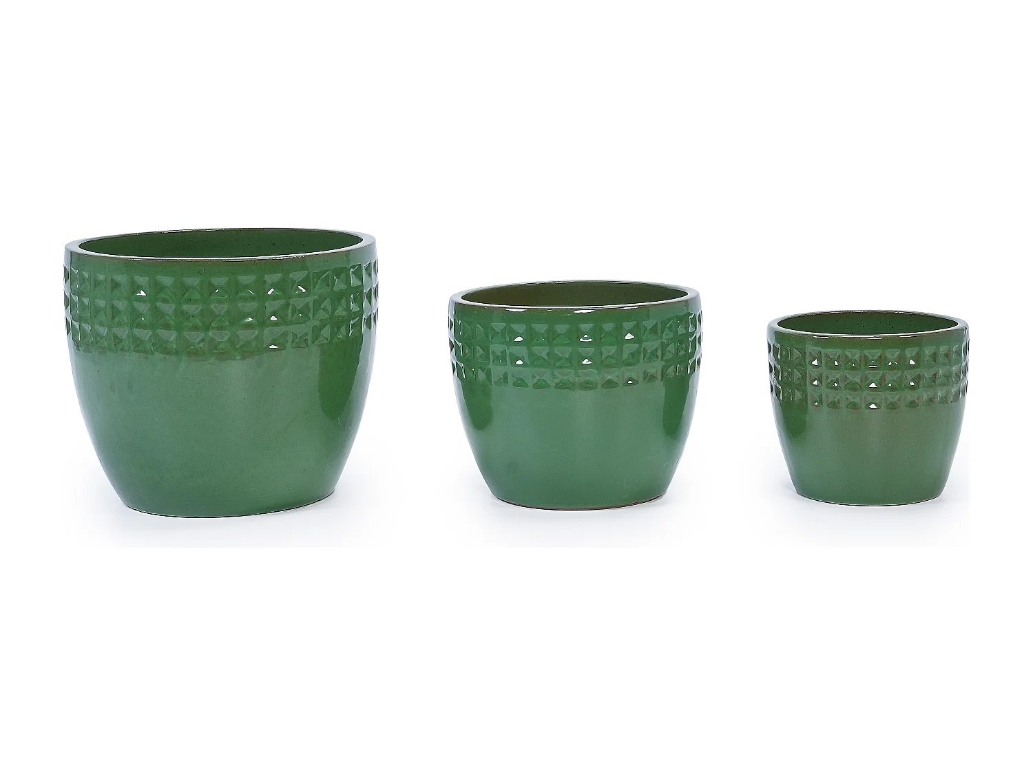Set van 3 antieke groene keramische bloempotten Ø 38/30,5/23 cm met drainagegat