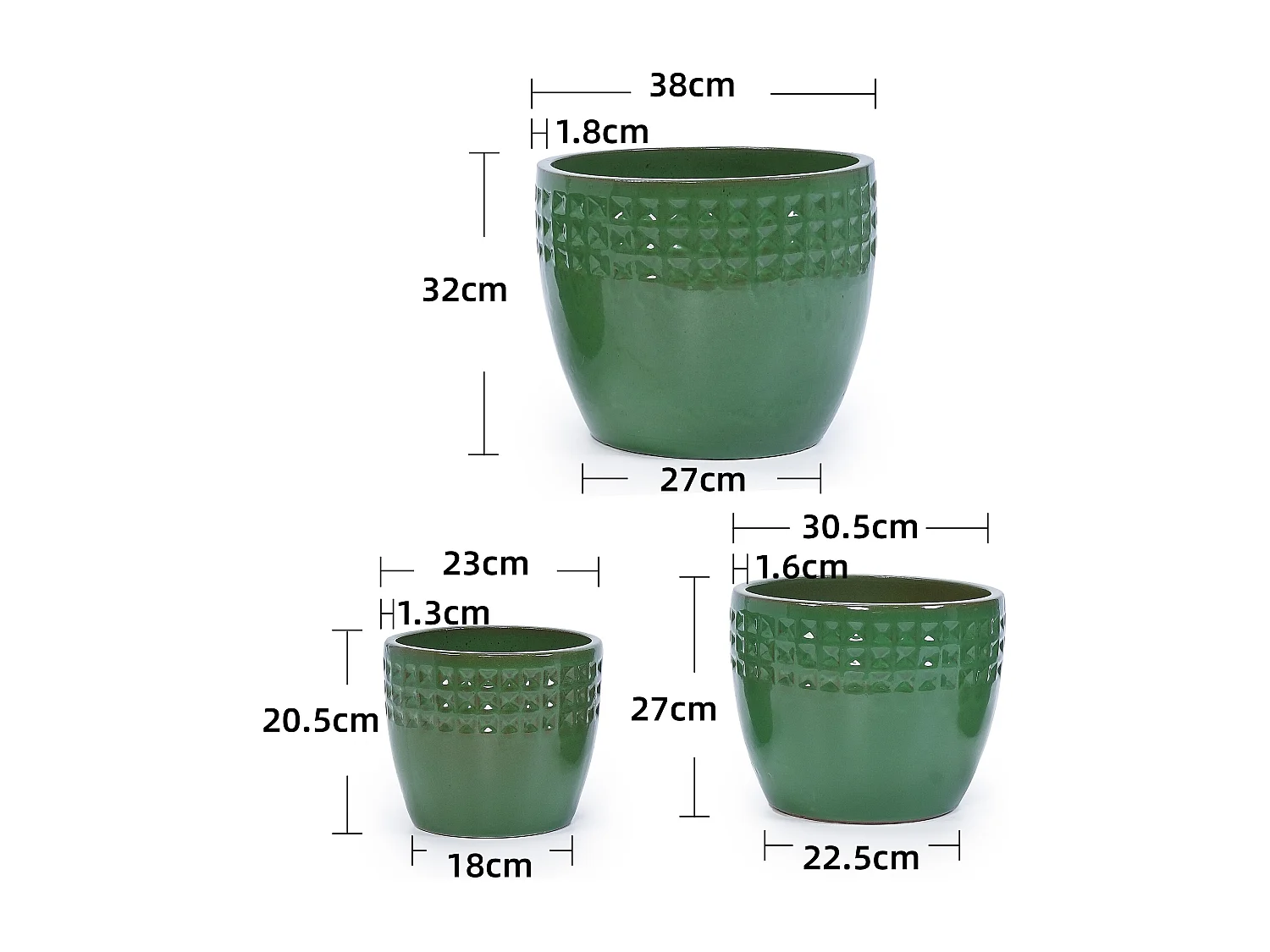 Set van 3 antieke groene keramische bloempotten Ø 38/30,5/23 cm met drainagegat