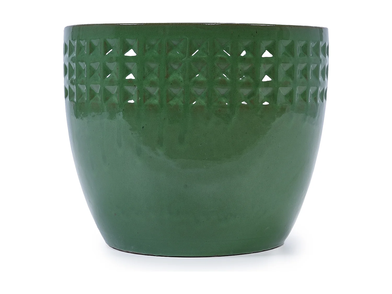 Set van 3 antieke groene keramische bloempotten Ø 38/30,5/23 cm met drainagegat