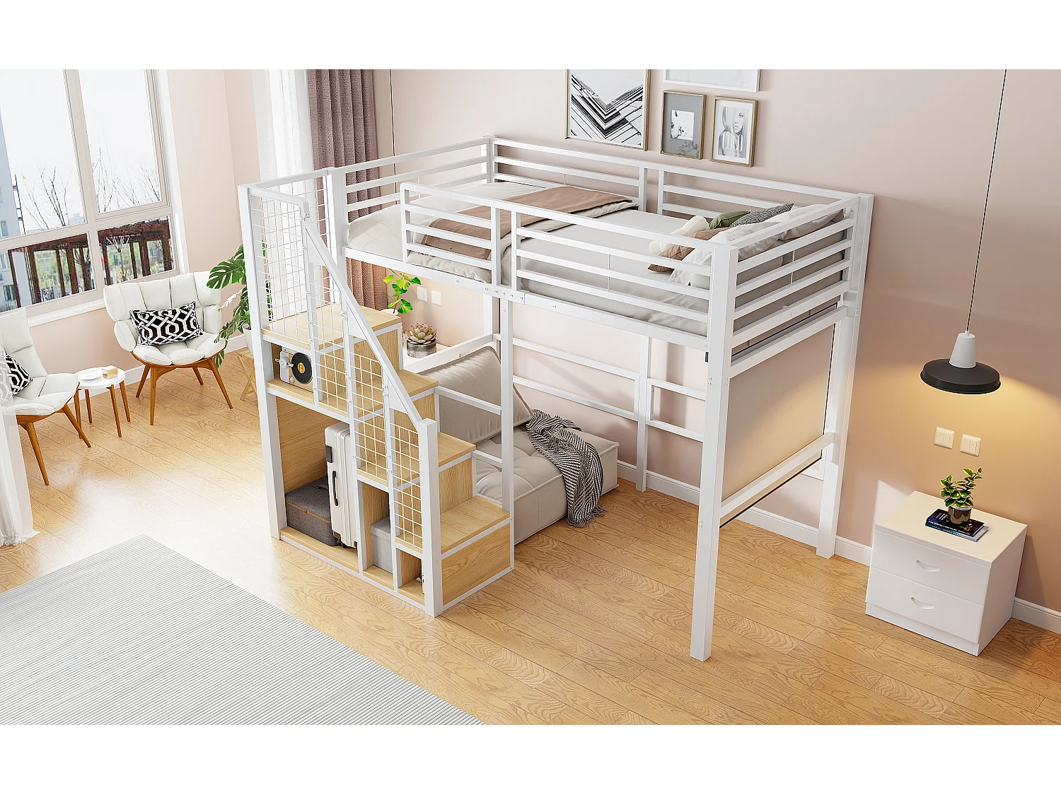 Lit mezzanine enfant 90x200 cm en métal blanc avec rangements et étagère
