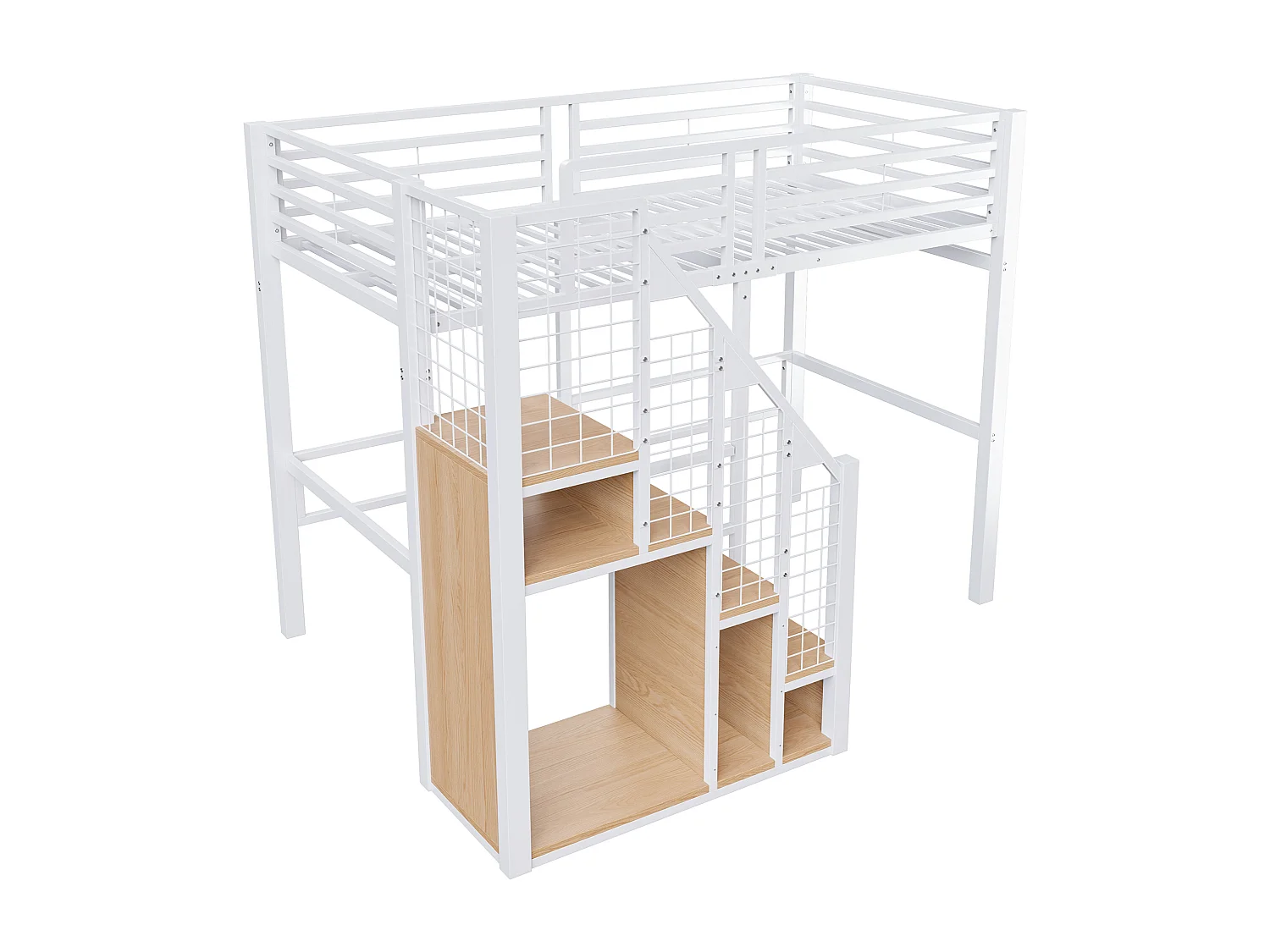 Lit mezzanine enfant 90x200 cm en métal blanc avec rangements et étagère