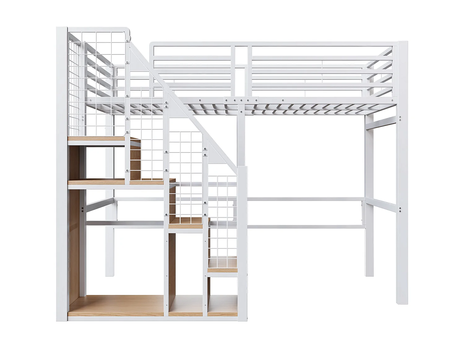 Lit mezzanine enfant 90x200 cm en métal blanc avec rangements et étagère