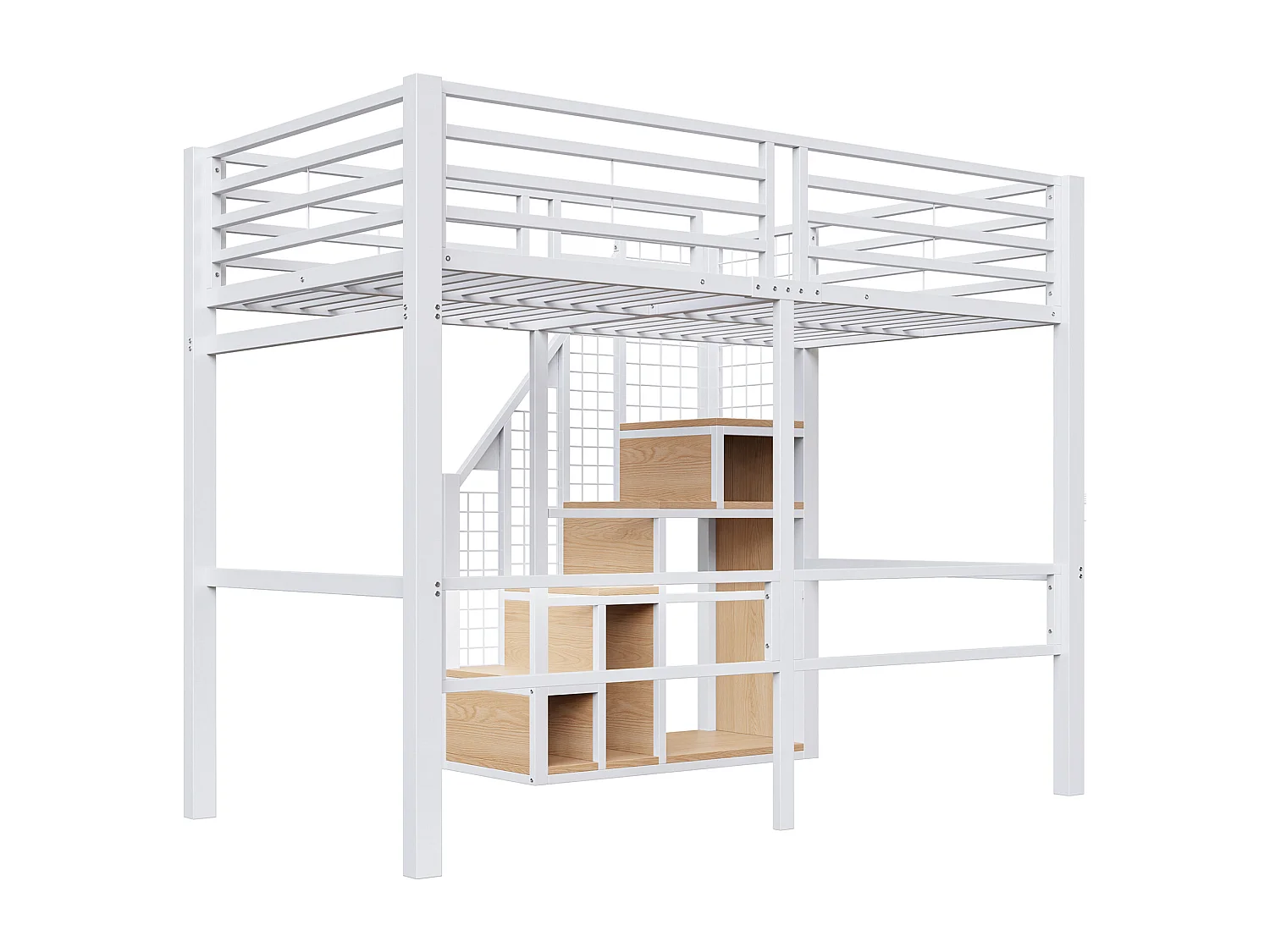 Lit mezzanine enfant 90x200 cm en métal blanc avec rangements et étagère