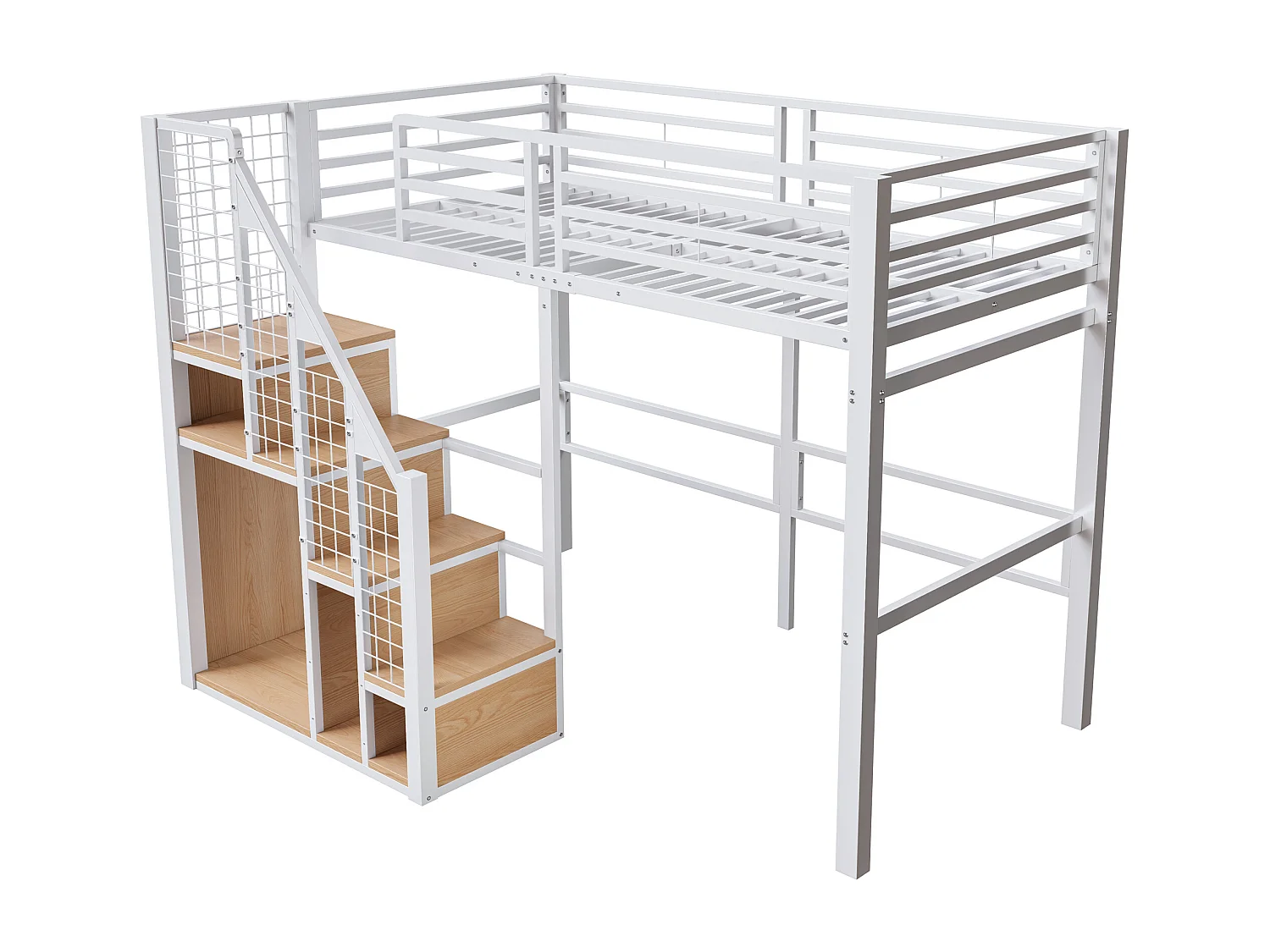 Lit mezzanine enfant 90x200 cm en métal blanc avec rangements et étagère