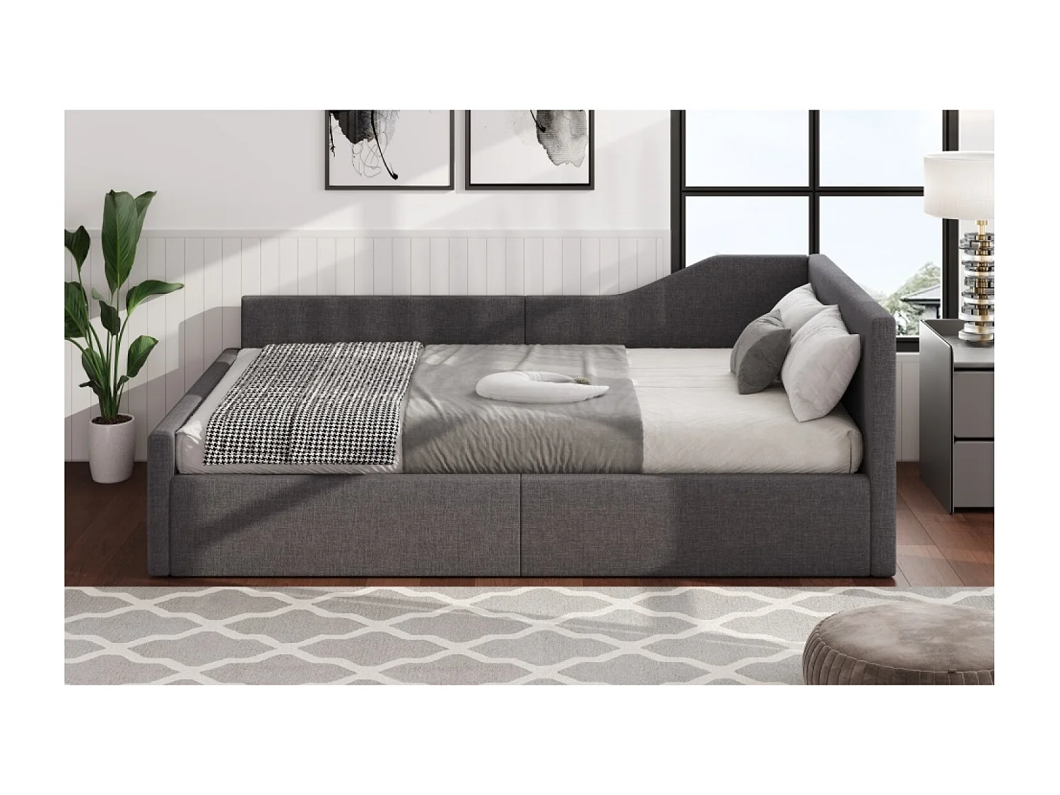 Cama nido para adultos de 140x200 cm en lino gris - Daybed con somier de láminas