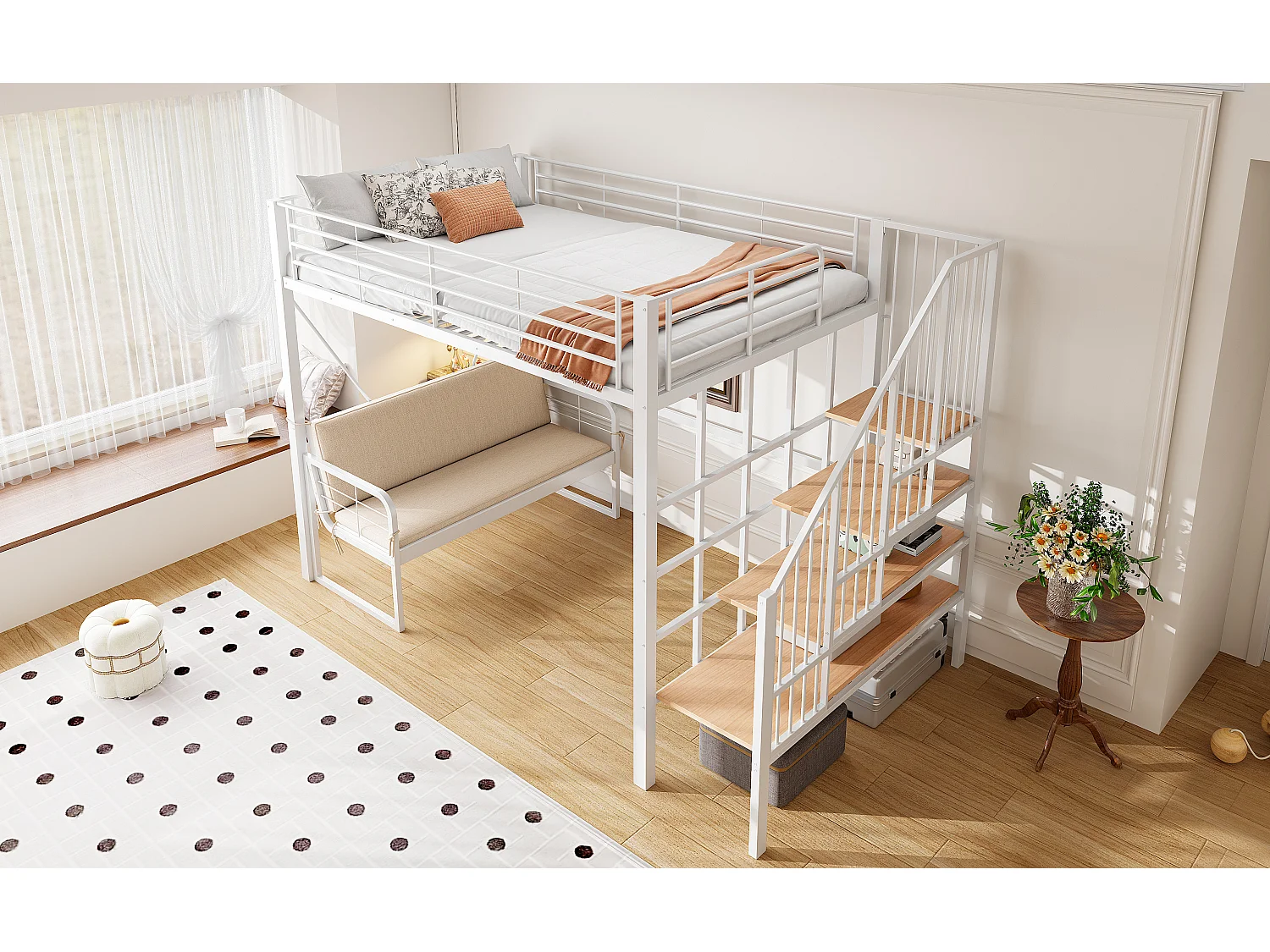 Lit mezzanine enfant 140x200 cm en métal avec canapé et rangement - Blanc